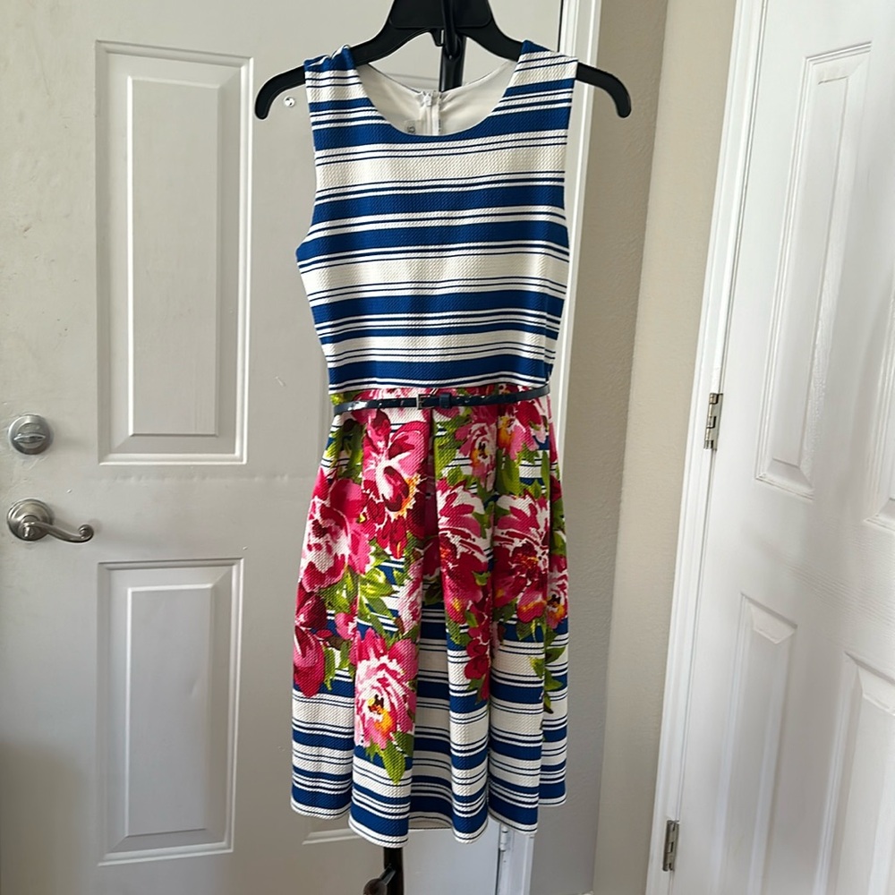 Very nice dress with blue stripes and flowers